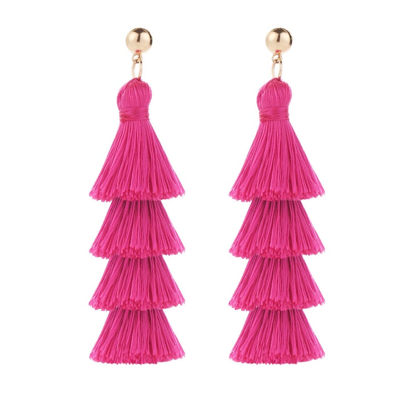 BaubleStar Fashion Tassel Dangle Earrings for Women Layered Long Bonita Tiered Thread Tassel Rose Red Drop Statement Jewelry - Image 1